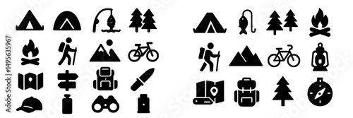 Collection of camping and outdoor activity icons featuring tents, campfires, and hiking symbols for adventure enthusiasts