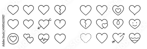 Unique collection of heart symbols illustrating emotions and relationships in a minimalist style