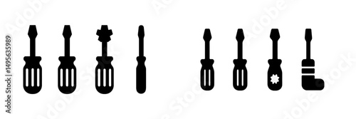 Variety of flathead and Phillips head screwdrivers displayed on a plain background showing different designs and sizes for tools