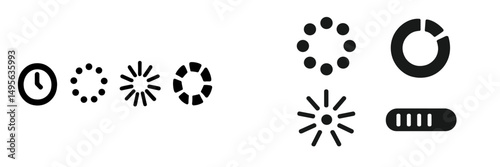 Various loading icons displayed in a minimalist style showcasing different design patterns and animations in user interfaces