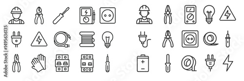 Collection of electrical tools and symbols used by electricians in various repair and installation tasks