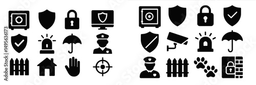 Secure and safety icons representing concepts of protection, surveillance, and emergency response