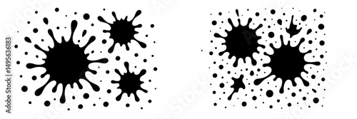 Black ink splashes create a dynamic pattern on a white background in a creative artwork display