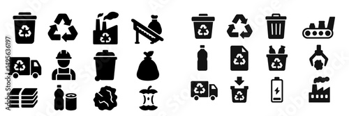 Various icons depict recycling and waste management activities, showcasing elements like trash bins, recyclable materials, and waste collection trucks