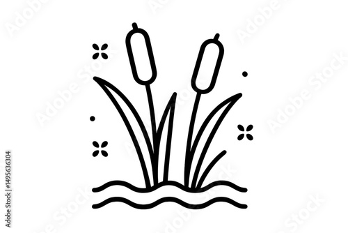 Two cattails surrounded by grass and flowers next to a calm body of water at sunset in a tranquil setting