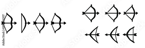 Various designs of bows and arrows arranged in two different styles, showcasing artistic interpretations and geometric shapes