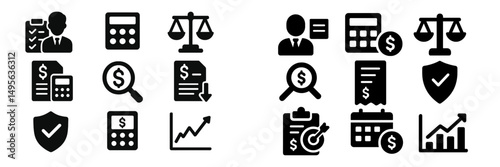 Financial symbols and icons illustrating accounting, law, and economic growth in a monochrome layout