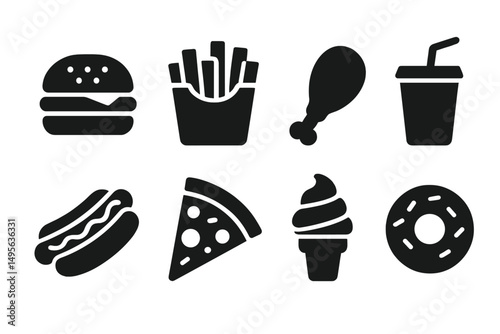 Variety of fast food items including burgers, fries, and pizza displayed on a simple background