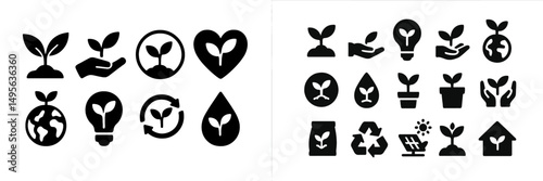 Symbols representing sustainability and the importance of plants for the environment displayed in various design elements
