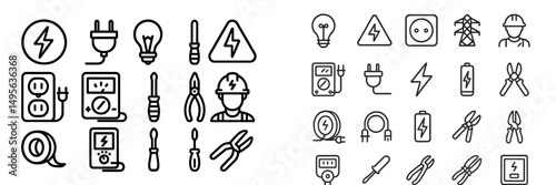 Various electrical symbols and tools arranged in a grid, showcasing essential items for electrical work and safety