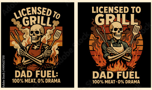 Licensed to Grill Skeleton Dad Fuel 100% Meat BBQ T-Shirt Vector Design Retro Skull “Licensed to Grill” BBQ Dad Fuel  tee Vector Illustration 