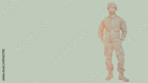 Halftone dot pattern of A soldier wearing a uniform and helmet