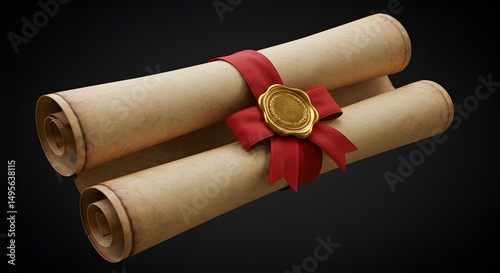 Ancient Scroll with Red Ribbon and Gold Seal 3D Render