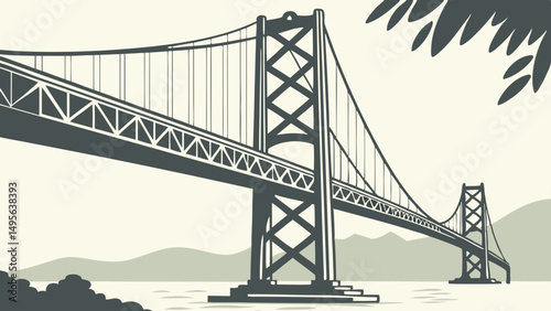 Stylized generic suspension bridge structure vector illustration