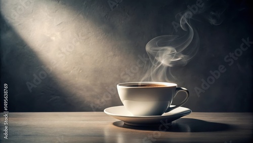Aromatic Steam Rising from a Warm Cup of Coffee on a Wooden Tabletop