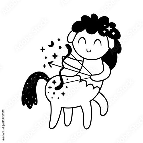 Sagittarius Zodiac Sign - black and white celestial horoscope design. Adorable hand drawn vector illustration in cartoon flat style.
