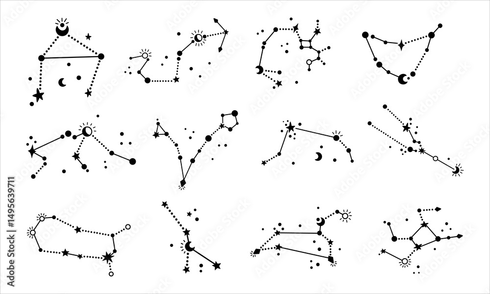 Fototapeta premium Black and white Zodiac Constellations clipart set. Celestial astrology doodle, vector hand drawn illustrations