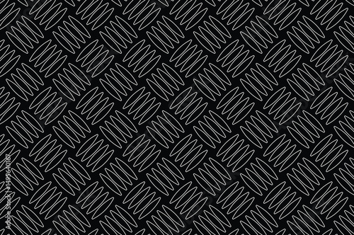 Black and white diamond plate texture pattern with repeating geometric shapes. Industrial metal surface design for flooring, vehicle steps, or machinery. Stark, minimalist, and non-slip.