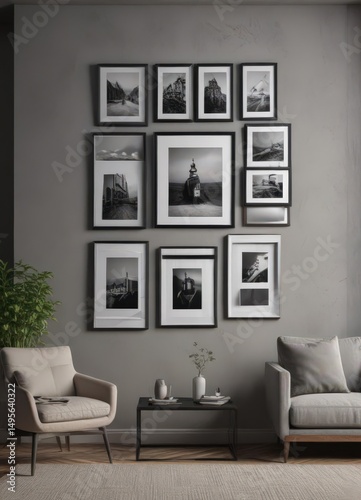 Empty black photo frames adorn a minimalist living room wall,  minimalist,  simple
