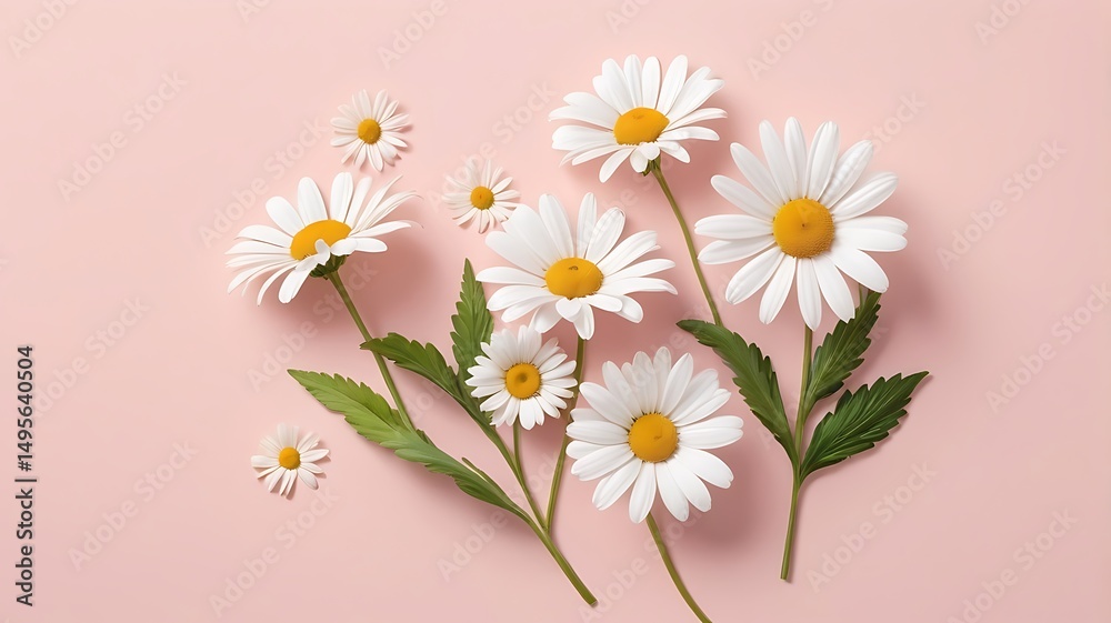 Fototapeta premium Elegant arrangement of white daisies on a soft pastel pink surface backdrop