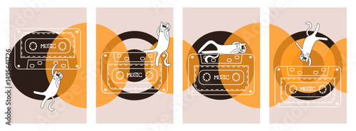 Set modern poster cover. Vector illustration with analog cassette flat cat and trendy Geometric Abstract shapes. Perfect modular painting. EPS 10