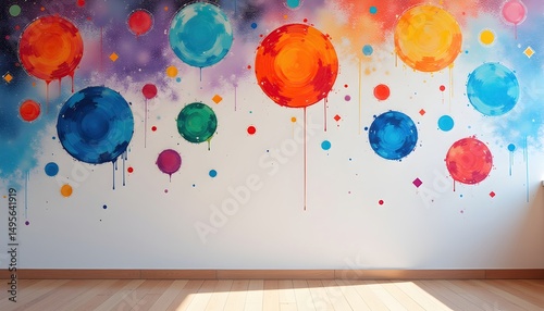 Childhood drawings taped on walls that extend into galaxies