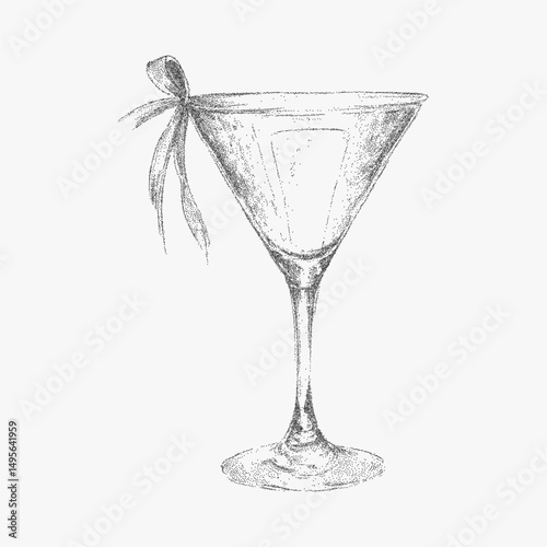 Handcrafted Italian style summer cocktail with bow, cozy festive drink with vintage ink sketch. Noisy gritty dot halftone texture and retro pop art stipple illustrations.