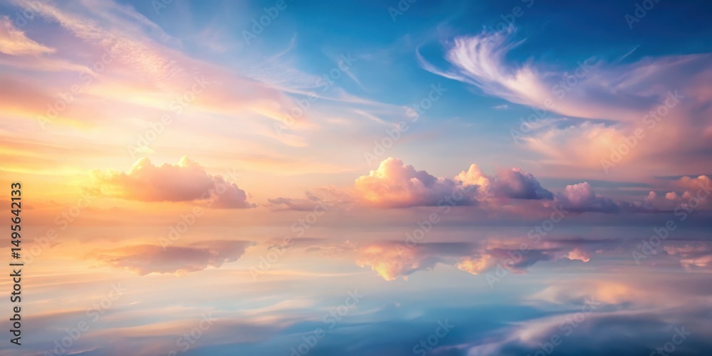 Naklejka premium Serene Sunset Reflection A Captivating Panorama of Pastel Hues in the Sky Mirrored on a Tranquil Water Surface