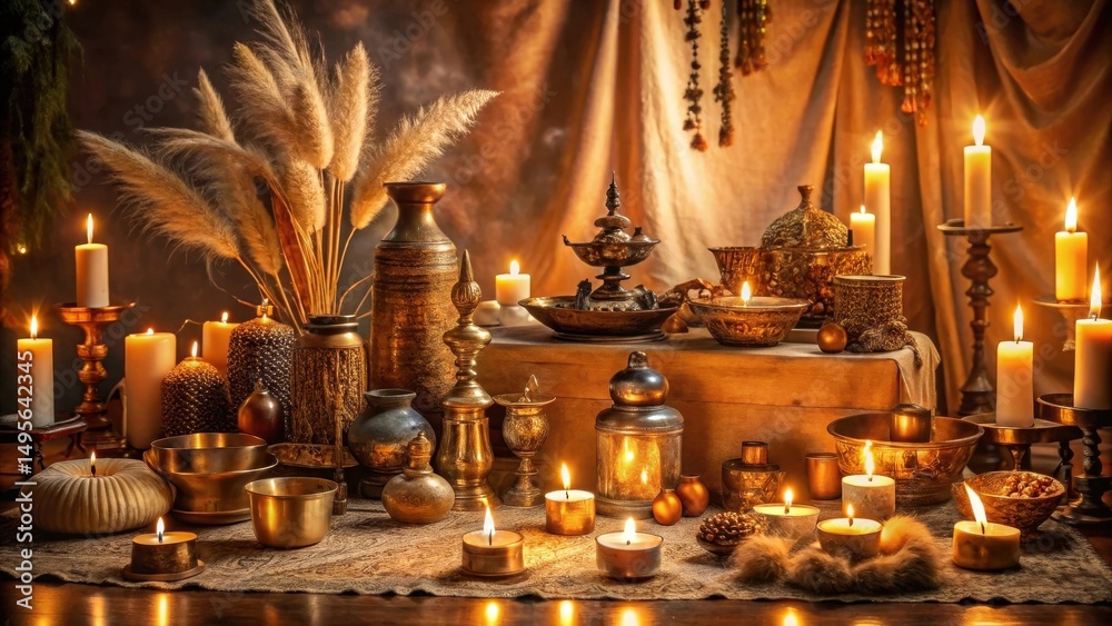 A serene tableau of golden candlelight illuminating antique vessels and pampas grass