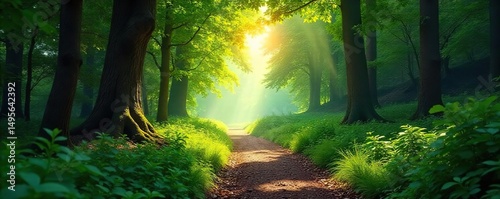 A winding path through a lush forest leads to a distant, sunlit clearing, symbolizing a transformative journey of self-discovery and growth , forest, metaphor, peregrination