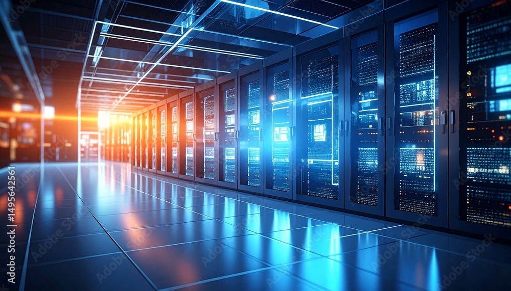 Fototapeta premium Cyberbullying Prevention concept. Futuristic server room with glowing data storage units.