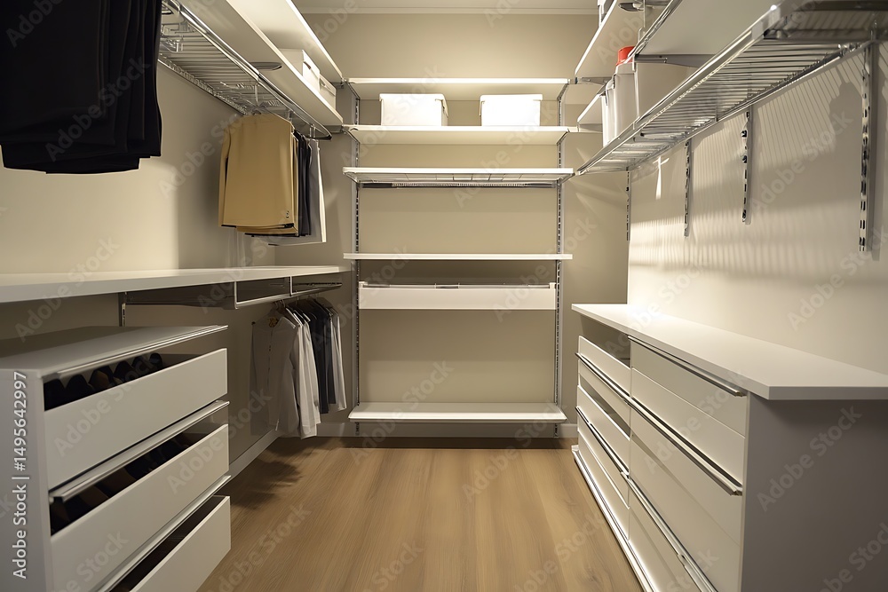 • Matte white steel frame closet system with adjustable compartments and shoe racks • Matte white steel frame closet system with adjustable compartments and shoe racks