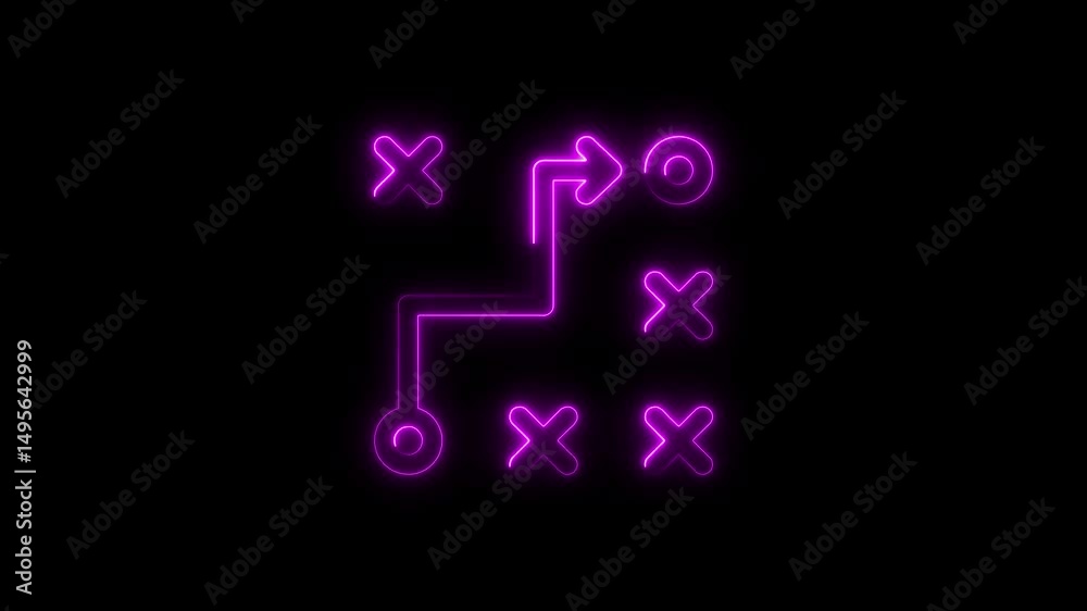 Illuminated neon tic tac toe strategy animation on a dark background