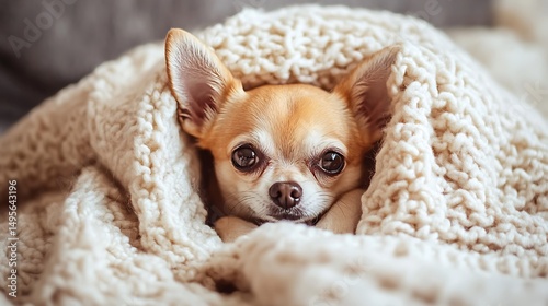 A tiny chihuahua snuggled inside a wool sock, looking sleepy and warm