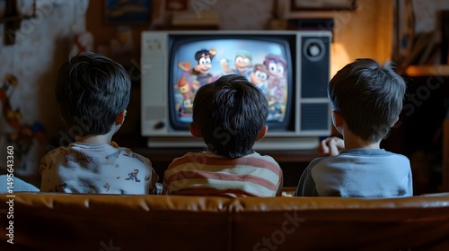 Three kids watching vintage television with cartoon characters on screen at home together indoors