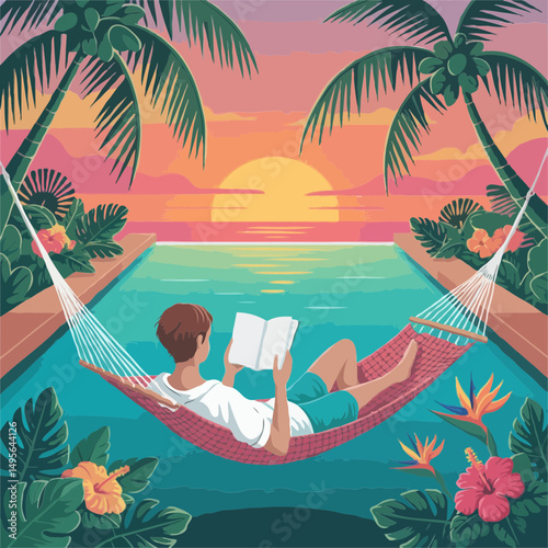 Relaxing in hammock by pool at sunset