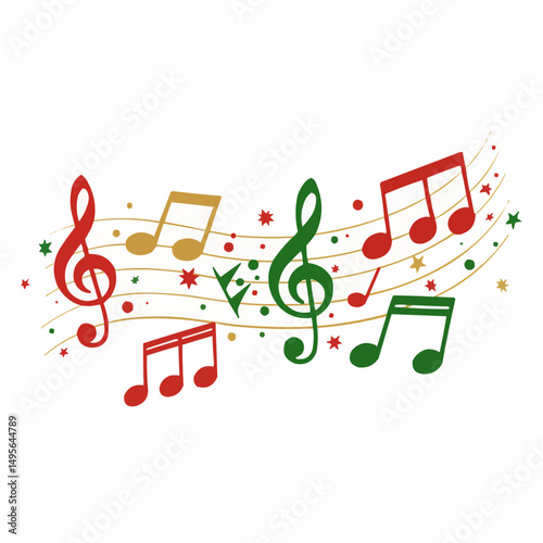 Merry Christmas music notes illustration with red, green and gold colors.