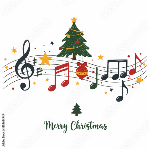 A festive musical Christmas scene, with a decorated Christmas tree, musical notes, and seasonal decorations. The overall effect is one of holiday cheer