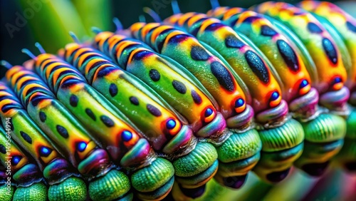 Vibrant Close-Up of a Row of Colorful Insect Larvae Displaying Intricate Patterns and Textures