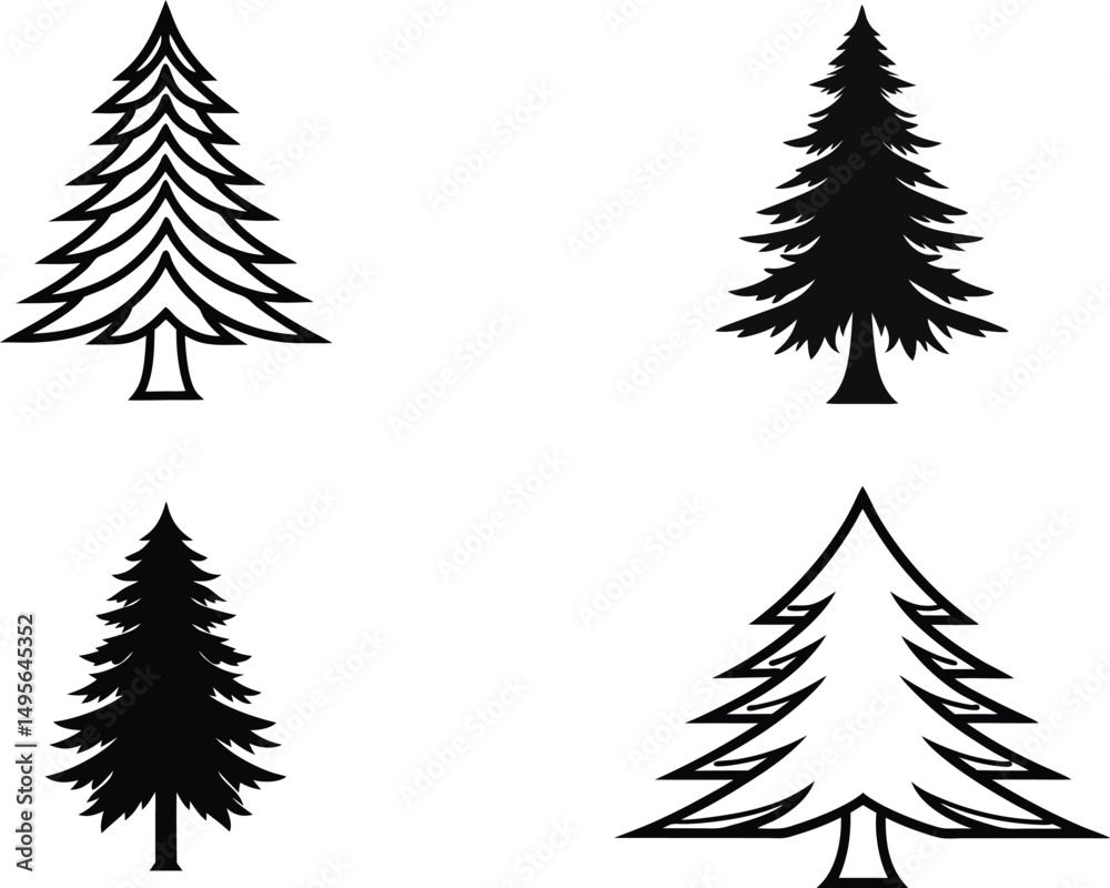 Obraz premium Pine Tree Silhouette & Line Art Vector Icons – Nature Forest Design for T-Shirts & Decor.