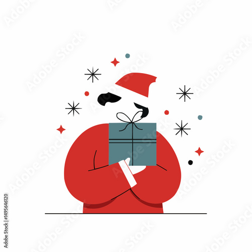 Holiday gift box presented by the Santa Claus cartoon character, perfect for Christmas or other gift-giving occasion