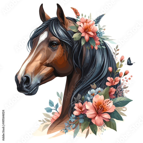 Horse. Flowers. Horse head.  Portrait. Watercolor style. Isolated on a white background. Banner. Vector illustration, AI