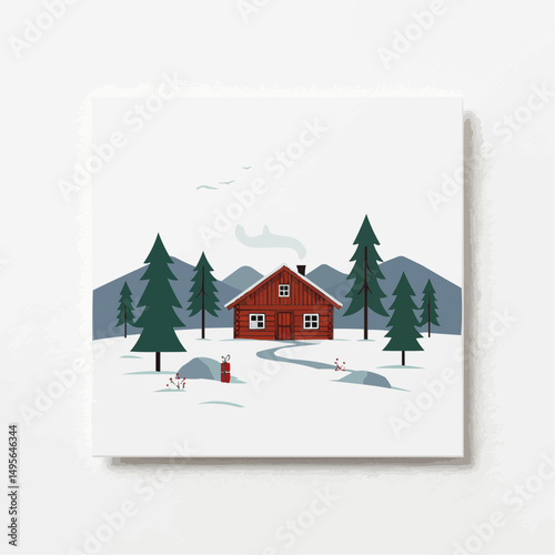 Cozy cabin scene surrounded by snow-covered trees and mountains, evoking a sense of warmth and tranquility