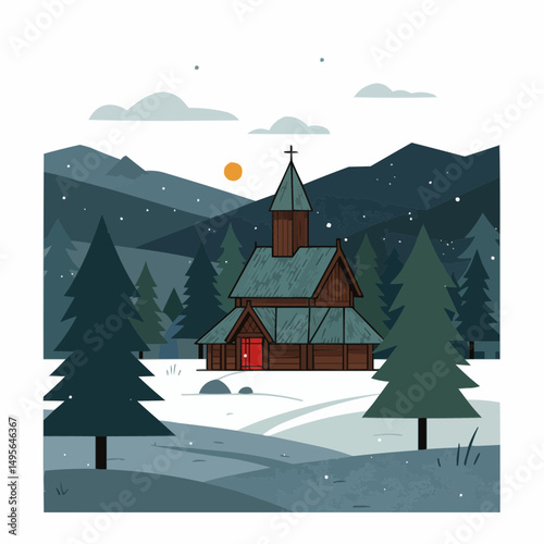 A scenic illustration of a wooden church nestled amidst a snowy landscape, set against the backdrop of mountains and trees. A cross crowns the church and its front door is colored red