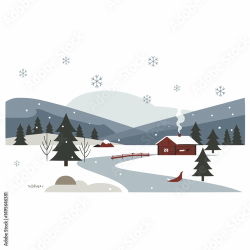 A cozy cabin nestled in a snowy landscape, with snowflakes falling softly from the sky. A serene winter scene with a warm home and a winding river in a beautiful snowy mountain area.