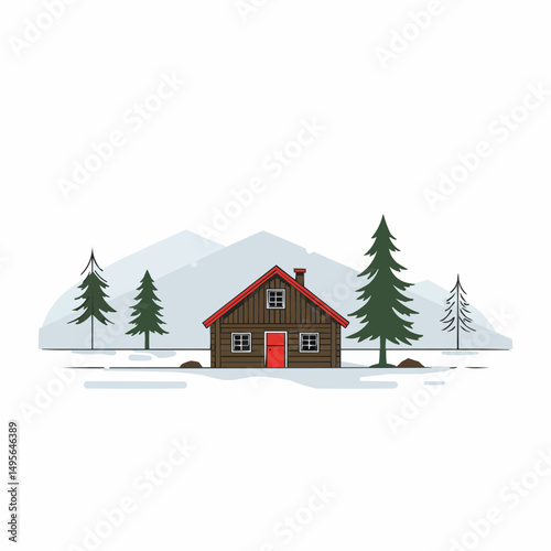 A cozy cabin nestled in a snowy landscape, amidst majestic mountains and evergreen trees. The scene evokes a sense of tranquility and winter beauty.