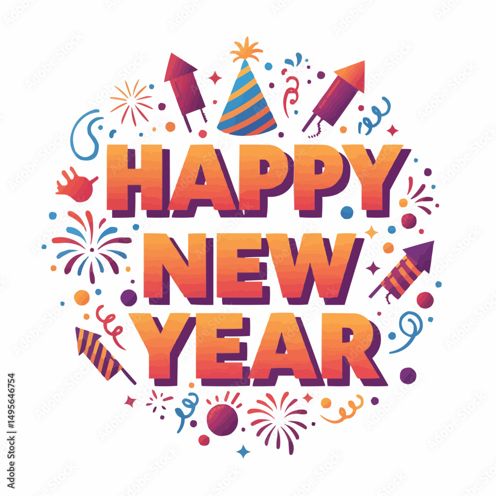 Fototapeta premium Cheerful New Year Celebration Card with Fireworks and Festive Elements