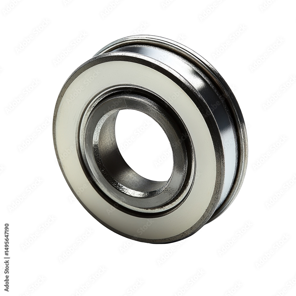 A close up shot of a shiny metal bearing with a white ring on a black background in a studio setting A close up shot of a shiny metal bearing with a white ring on a black background in a studio setting