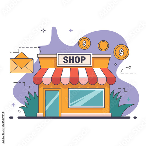 Illustration of a shop with money and email