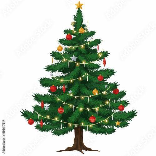 A beautifully decorated Christmas tree, with ornaments, garlands, and a star, evokes the festive spirit